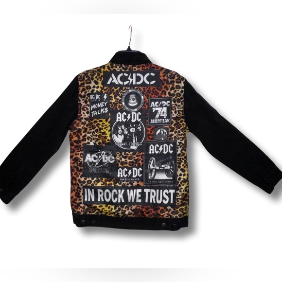 AC/DC Black Denim Leopard Print Jacket Small NWT Album Titles - Picture 3 of 4